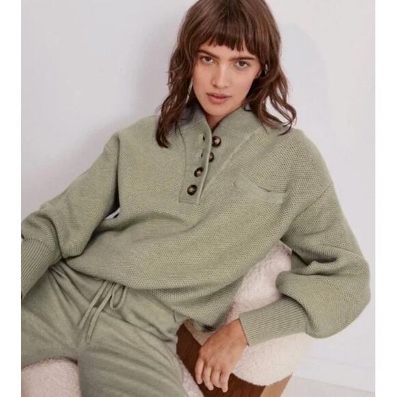 Lunya Light Green Cozy Cotton Silk Pocket Henley Sweater - Picture 2 of 7